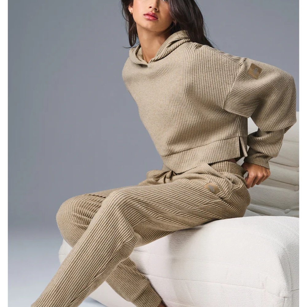 ALO Yoga Ribbed Hoodie & Joggers Set - Taupe Brown - Picture 2 of 4